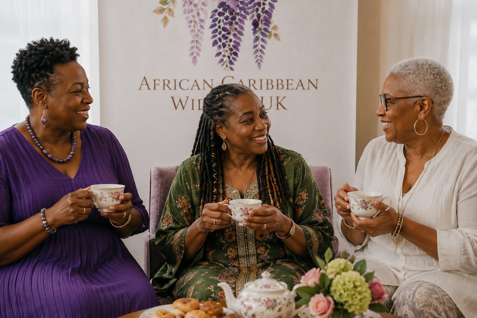 Three women of African and Caribbean heritage laughing together over cups of tea